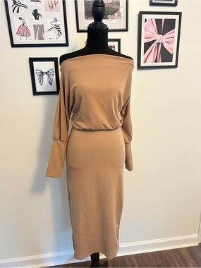 Timing Camel Off-Shoulder Midi Skirt Set